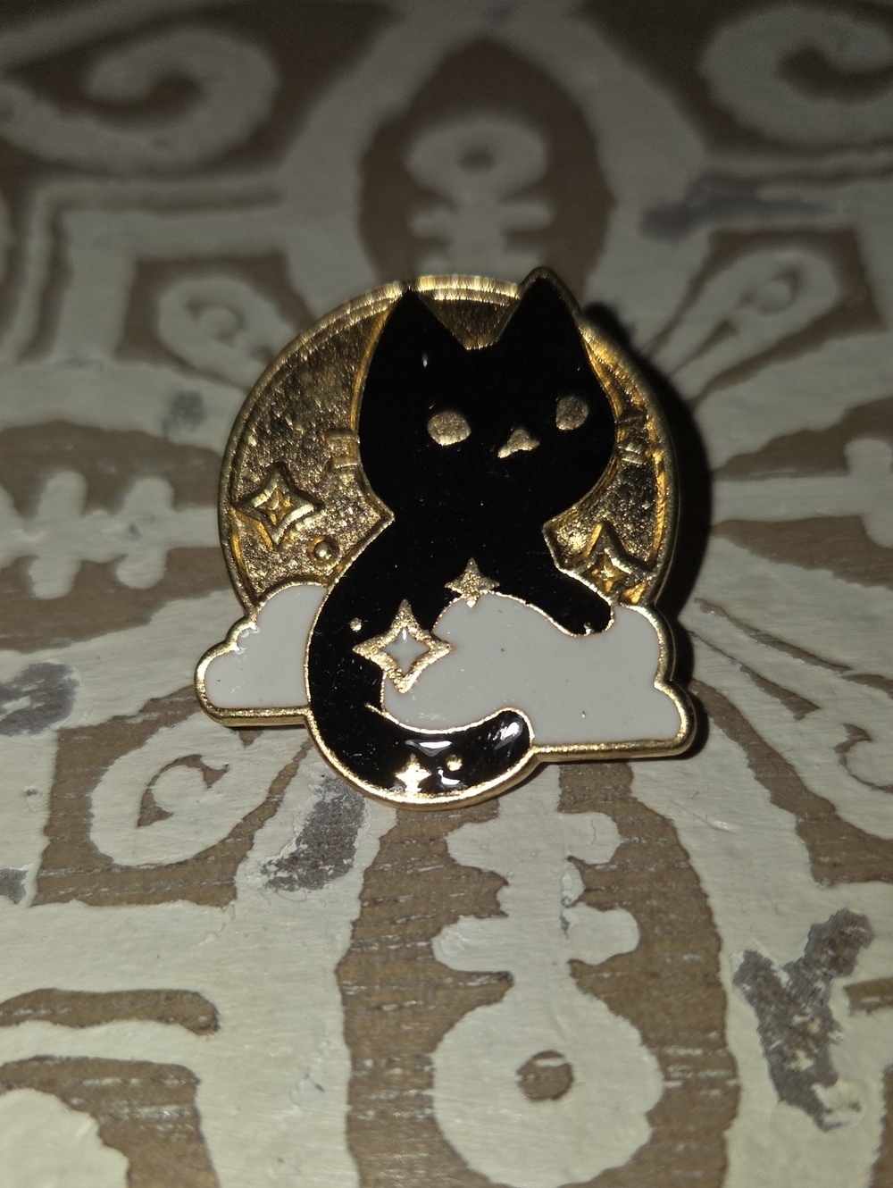 Black Cat Enamel Pin with White Cloud and Gold Accents